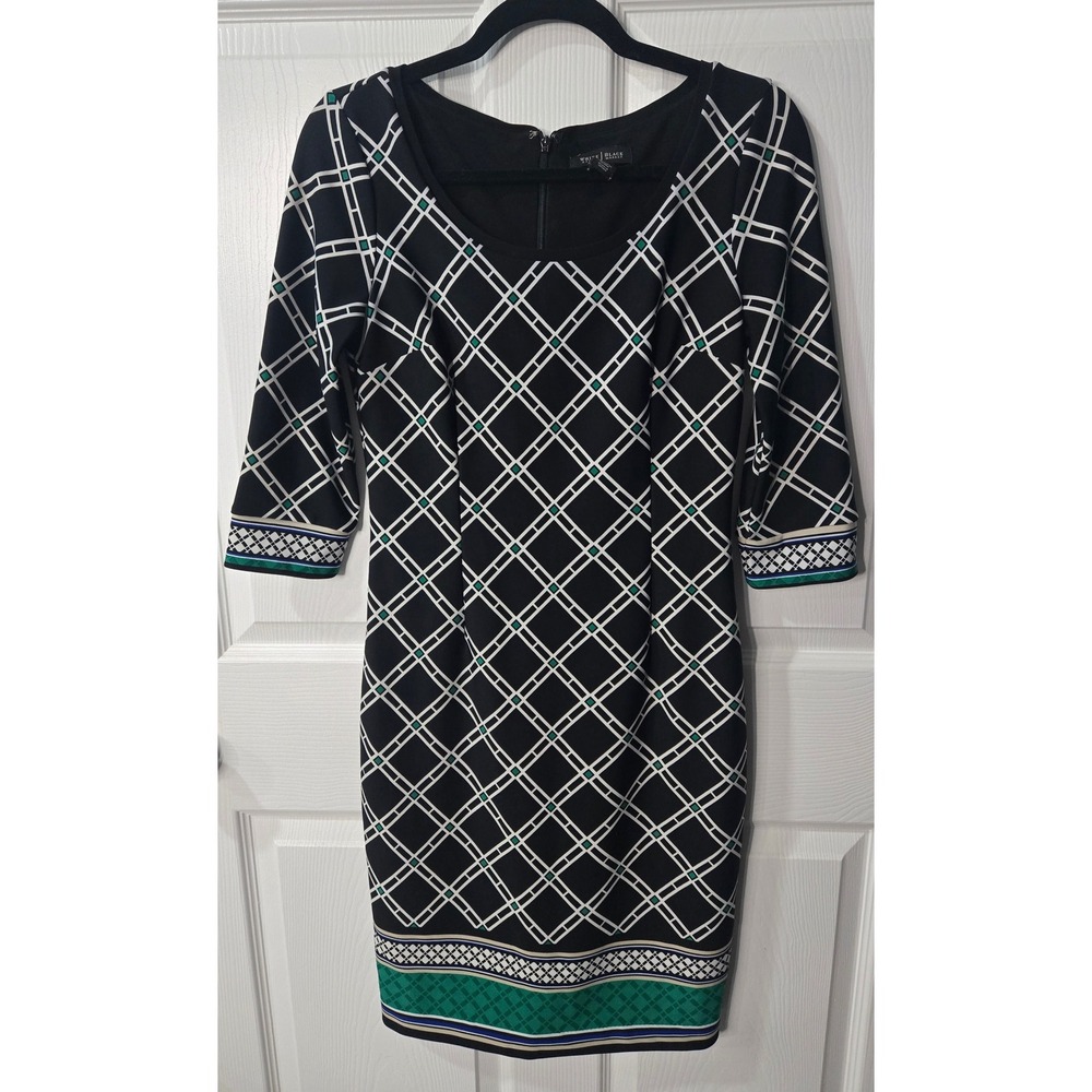White House Black Market Geometric Lattice Sheath Dress Black Green White Size 2